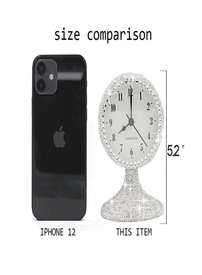CARCHILE Luxury Rhinestone Small Alarm Desk Table Clock Morning Call Handmade Fashion Design for Bedroom Houseroom Living Room Cute As Gift AR (Silver) - Image 5